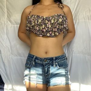 Blue and Green Floral Flowy Bikini Top